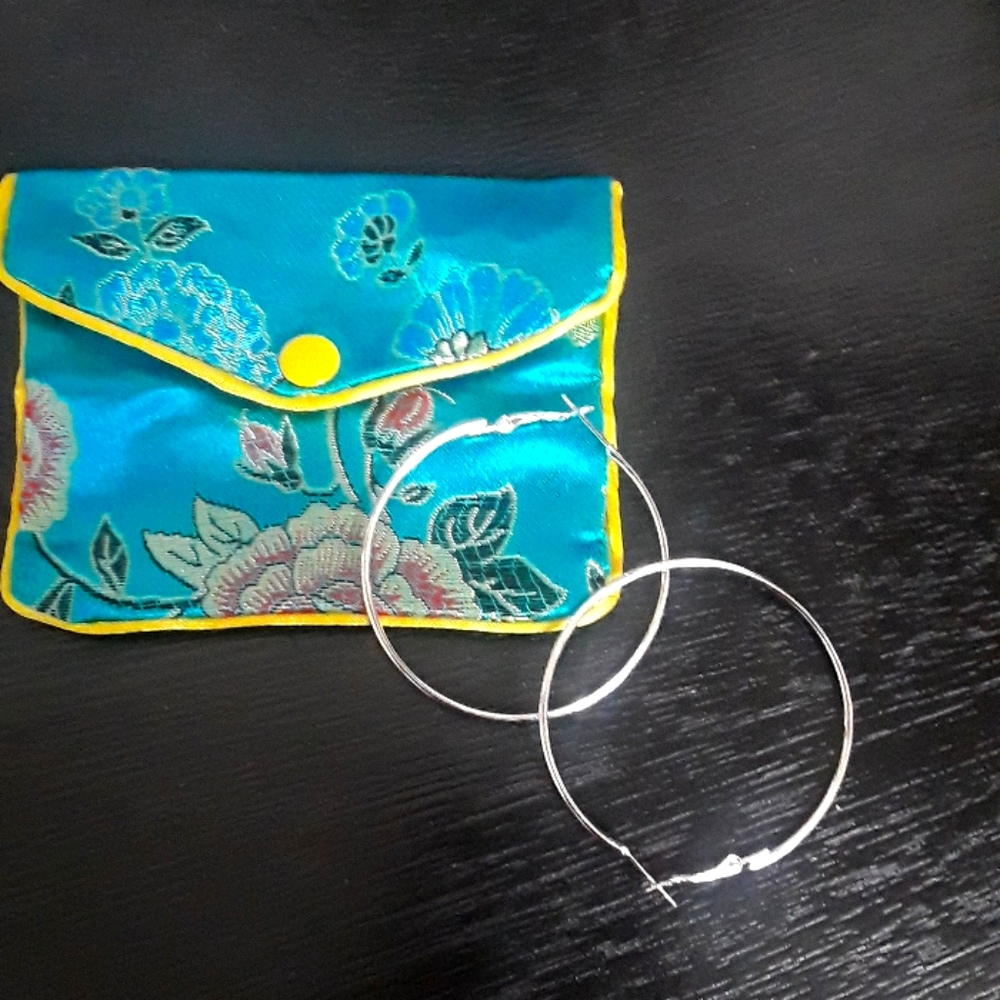 Silver Hoops & Oriental Silk Pouch